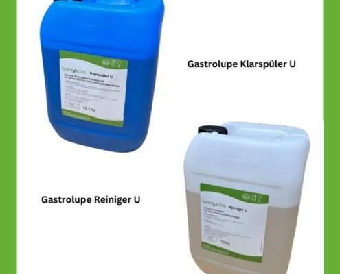 Hier im Bild zu sehen die Gastrolupe Klarspüler U, auch Glanztrockner genannt. Außerdem der Gastrolupe Reiniger U welche wir seit 2024 zu einem super Preis-Leistungs-Verhältnis anbieten.