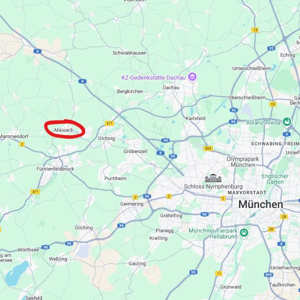 82116 Maisach - hier in rot auf der Landkarte westlich von München markiert...