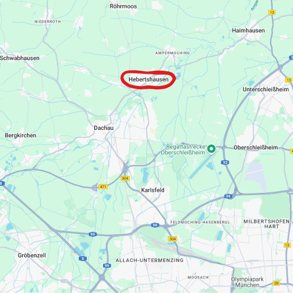 85241 Hebertshausen ist auf dieser Übersicht rot marktiert und liegt nordöstlich von Dachau bzw. nordwestlich von München.
