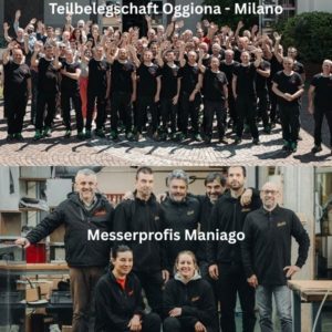 Das Bild zeigt 2 Berkel-Teams in Italien. Oben ein großer Teil der Belegschaft in der Firmenzentrale von Van Berkel International S.r.l. am Standort Oggiona. In Oggiona werden bis zu 800 Aufschnittmaschinen pro Monat gefertigt. Im unteren Teil des Fotos sind die 8 Experten für die Berkel-Küchenmesser aus dem Produktionsstandort Maniago zu sehen...