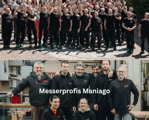 Das Bild zeigt 2 Berkel-Teams in Italien. Oben ein großer Teil der Belegschaft in der Firmenzentrale von Van Berkel International S.r.l. am Standort Oggiona. In Oggiona werden bis zu 800 Aufschnittmaschinen pro Monat gefertigt. Im unteren Teil des Fotos sind die 8 Experten für die Berkel-Küchenmesser aus dem Produktionsstandort Maniago zu sehen...