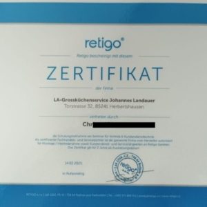 Urkunde über die Teilnahme Schulung für Fachhandels- und Servicepartner Retigo Kombidämpfer und Produktprogramm im Februar 2025 von Servicetechniker - Landauer Grossküchenservice...