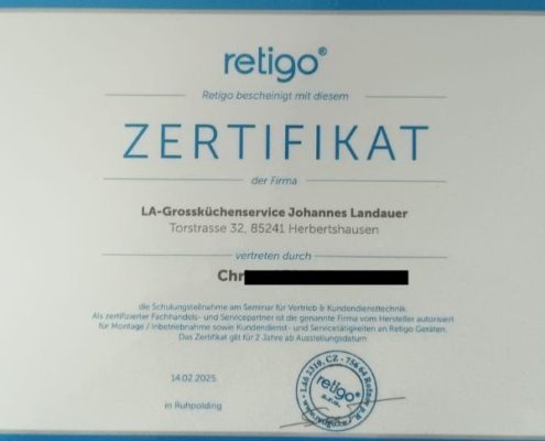 Urkunde über die Teilnahme Schulung für Fachhandels- und Servicepartner Retigo Kombidämpfer und Produktprogramm im Februar 2025 von Servicetechniker - Landauer Grossküchenservice...